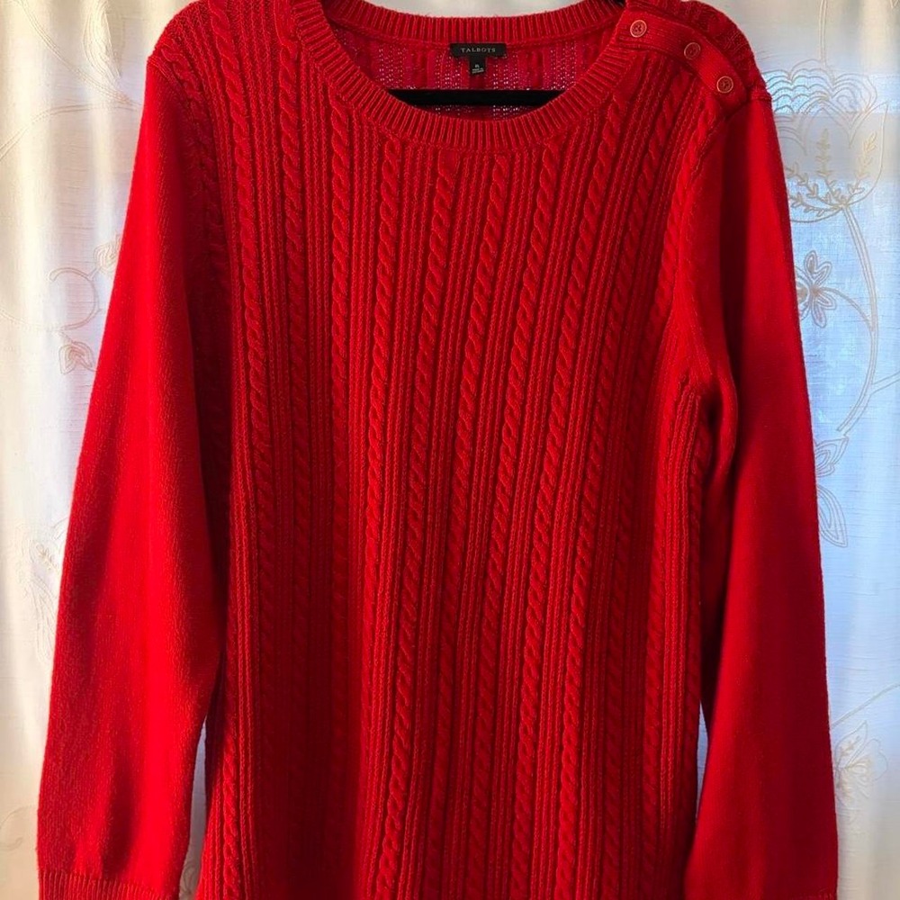 Talbots Red Cable-Knit Crew Neck Pullover Sweater Button Shoulder XL